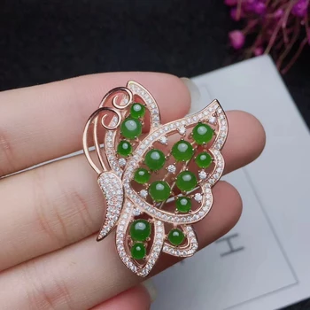 Prírodný zelený jaspis gem Elegantné Luxusné Motýľ brošňa Prívesok prírodný drahokam brošňa S925 striebro ženy darček jemné šperky