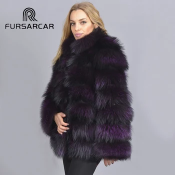 FURSARCAR Luxusné Nové Módne Reálne Kožušinový Kabát Ženy Prírodné Fox Kožušiny Outwear Populárne Fialová Farba Zimná Bunda S Kožušinou Golier
