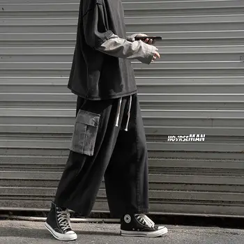 Privathinker pánske jednofarebné Vrecku Cargo Nohavice Muž Voľné Nohavice kórejský Štýl Nové Módne Streetwear Muž Nadrozmerné Nohavice