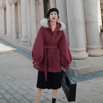 Real shot voľné vlnené kabát pre ženy, malé žena jeseň / zima 2020 new college štýl veľké vlny golier ťažký kabát vlnené