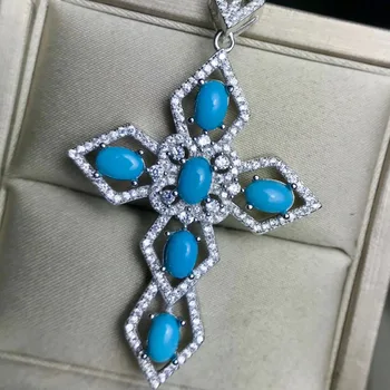 Prírodné modré, tyrkysové cross Prívesok náhrdelníky prírodný drahokam prívesok S925 strieborná Elegantné Ženy strany šťastia dar, jemné šperky