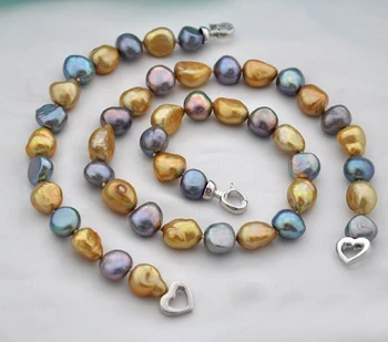 Ženy Šperky Set 10 mm Svetlé Zlato Blue Gray Zmiešané skutočnou perlou Choker náhrdelník Náramok zvýrazniť Prírodné Sladkovodné perly