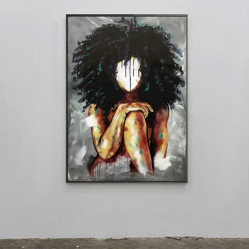 Plátno Obrazov Afrického Čierna Žena Nadýchané Vlasy Abstraktné Plagáty a Tlač Wall Art Obrázok pre Obývacia Izba Cuadros Domova