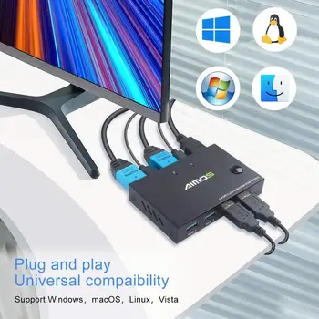 KVM Prepínač HDMI 2 Port USB Switcher Box, 4K UHD@30Hz, 4 USB 2.0 hub-y, Podpora Kompatibilný Notebooku/PC/PS5 4/Xbox/HDTV