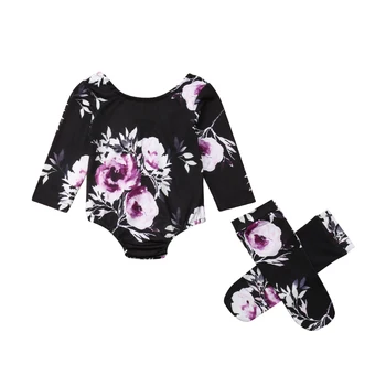 Novorodenca Baby Girl Dlhý Rukáv Oblečenie Set Black Kvetinový Kombinézu+Ponožky Populárne 2ks Ležérne Oblečenie Nové