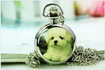 Doprava zadarmo Módne quartz klasické psa Flip zrkadlo Očarujúce vreckové hodinky náhrdelník