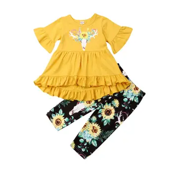 Boutique Deti, Baby, Dievčatá Horn kvet vyhovovali dlhý rukáv žltá Prehrabať Flower Šaty, Topy, Nohavice Leginy Oblečenie Set Oblečenia