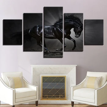 Domáce Dekorácie Modulárny Ročníka, Obrázky, Obrazy Na Plátne 5 Panel Zvierat Čierny Kôň Múr Umenia Pre Obývacia Izba HD Tlačené