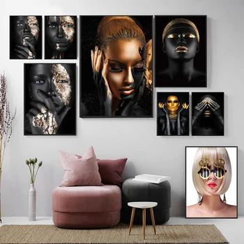 Afrika Čierna Zlatá Žena, olejomaľba na Plátne Cuadros Plagáty a Vytlačí Škandinávskych Wall Art Obraz Moderné Domáce Dekorácie