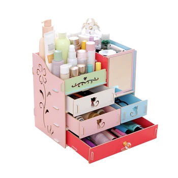 Drevené veľkokapacitný Úložný Box Montáž make-up, Kozmetické Úložný Box s Zrkadlo Multi Zásuvky DIY Šperky Kontajner Organizátor