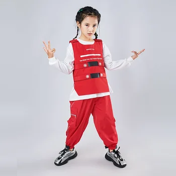 Dieťa Cool Hip Hop Oblečenie Plášť bez Rukávov Top Vesta Streetwear Taktické Cargo Nohavice pre Dievčatá Chlapci Jazz Tanečných Kostýmov, Šiat