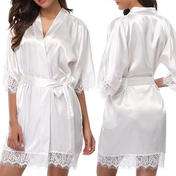 Ženy Sexy Nočné Šaty Krátke Ice Hodváb Nevesta Župan Čipky Kimono Sleepwear Farbou Nightgown Spodná Bielizeň