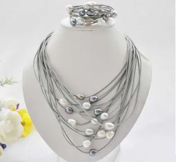 Hot predaj Noble - P5225 15row 13mm čierna biela šedá ryža pearl sivý kožený náhrdelník & náramok Starostlivé a malebnom