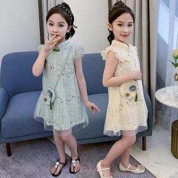 Čínsky Štýl Cheongsam Kvet Dievčatá Šaty Letné Dieťa Dievča Hanfu Sukne Zelená Žltá Princezná šaty, ceremonie fille para niña