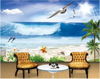 3D foto tapety vlastné 3d nástennú maľbu, tapety Kokosový palm beach delfíny čajka krajiny obrazy 3d obývacej miestnosti dekorácie