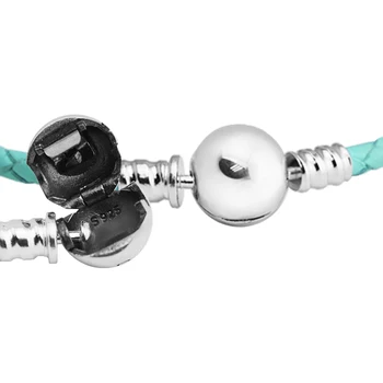 925 Sterling-Striebro-Šperky, Náramky pre Ženy DIY Korálky Šperky Čo Ocean Blue Kožený Náramok a Strieborné Koleso Spona