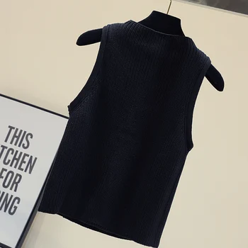 Kórejský Štýl Slim Black Singel Svojim Pletené Vest 2020 Jeseň Žena, Nové Kovové Tlačidlo Sveter Bez Rukávov Cardigan