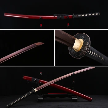 Ručné Full Tang Japonský Katana Červená Damasku Zložené Ocele Skutočný Samuraj Meč Ostrý Okraj Skutočné Ryby Kože