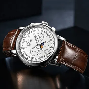 Mlutifunction CORGEUT 42mm Automatické pánske Náramkové hodinky Biele dial Fázy Mesiaca Deň, Dátum, Mesiac, kožený remienok kalendár