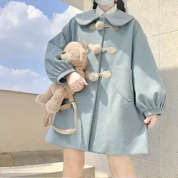 Ženy vlnené kabát zimný kórejský voľné JK rovnomernú vrstvu Cape tlačidlo bábika golier bežné vlnené kabát sky blue nadrozmerná hrubý kabát