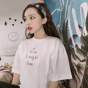 Letné dámske kórejský Voľné Ženy T-shirts Výšivky Fialová Podivné Chuť Ženy Tees Dlhej Časti-Krátke rukávy Žena T-shirt