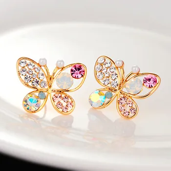 2020 Nové Módne Vintage Šperky Imitácia Crystal Farebné Drahokamu Zlatý Motýľ Crystal Pearl Stud Náušnice Pre Ženy