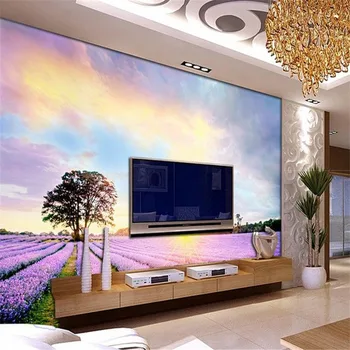 Tapety foto vlastné modren 3d photo stereo efekt jednoduchá obývacia izba, spálňa pozadí levandule fialová romantický 3d nástenná maľba