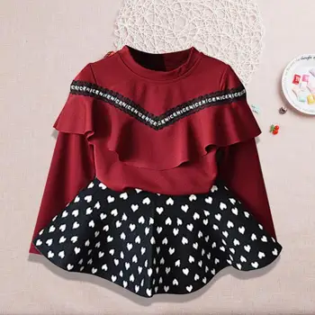 Deti Dievča Jeseň kórejský T-Shirt Zmesi Polyesterových Vlákien a Chemických Vlákien Kolo Golier Long-Sleeve Prehrabať Písmená Čipky