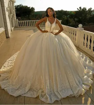 Arabský Luxusné Plesové Šaty, Svadobné Šaty Čipky Appliques Korálky Vestidos De Novia 2021 Prispôsobiť V Krku Krajiny Svadobné Šaty