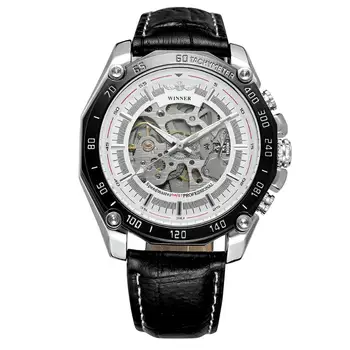VÍŤAZ Módny trend duté dizajn cool biele pánske ciferník s čiernym puzdrom a čiernym koženým remienkom automatické mechanické hodinky
