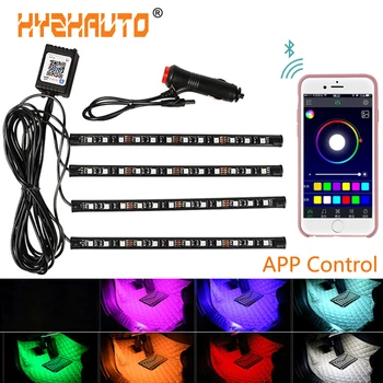 HYZHAUTO 4Pcs/nastaviť RGB Auto Atmosféru Svetlá Auto Interiérové Dekoratívne Lampy Bluetooth APP Riadenie LED Nohy Svetelné Pásy 12V