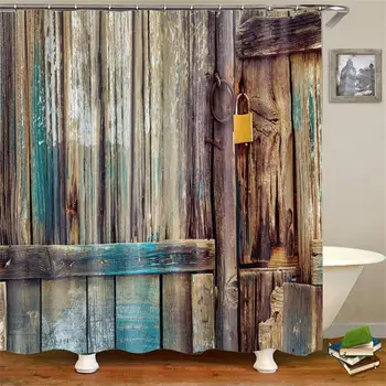 Rustikálny Sprchový Záves Drevené Stodoly Dvere do Kameňa Statku Obrázok Vintage Desgin Vidieka Umenie Architektúra Textílie Sprchový Záves