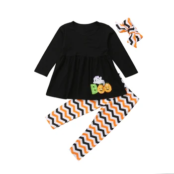 3KS Sada Batoľa Detský Baby Girl Halloween Oblečenie s Dlhým Rukávom Bavlna T-shirt Topy+Vlna Tlač Nohavice Leginy hlavový most Oblečenie Set sa
