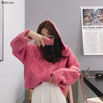 ženské sveter pletený sveter ženy voľné farbou dlhým rukávom wild kapucňou krátke jeseň kórejský módne kabát