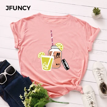 JFUNCY Plus Veľkosť S-5XL Ženy T-shirts Žena Krátke Sleeve Tee Top Lemon Tea Tlač Žena Bežné Tričko 2020 Letné Bavlnené Tričko