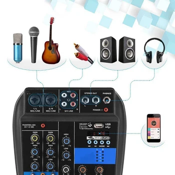 Malý Mixér 4 Kanál, Bluetooth, MP3 Reverb Efekt Mini USB Mixing Console o Pult Zosilňovač (US Konektor)