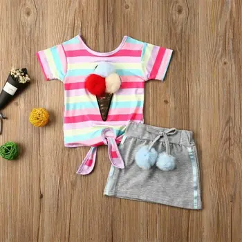 2020 Dieťa Dievča, Ice cream a flamingo Narodeniny T-Shirt Topy, Blúzky, Sukne 2 ks Oblečenie, Oblečenie Set