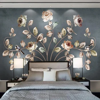 Vlastné 3D nástennú maľbu Nordic Štýl Art Kvety A Vtáky Tapety Obývacia Izba, Spálňa Domova Nástenné Maľby Abstraktných De Parede