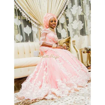 3/4 Rukávy 2016 Afriky Moslimských arabčina vestidos de novia Svadobné Šaty Appliques Svadobné Šaty Blush Pink Svadobné Šaty
