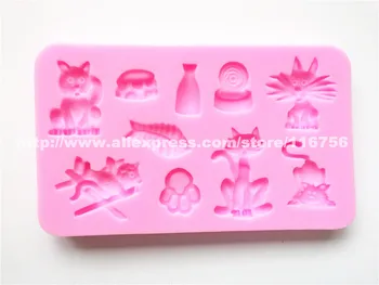 Nové! Doprava zadarmo Cat & Ryby Tvarované Silikónové Formy Cake Decoration Fondant Tortu 3D potravinársky Silikón Plesne 091