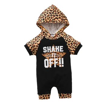 Letné Baby Boy Šaty Leopardí Vzor Krátke Rukávy Romper Dieťa List Tlač s Kapucňou Jumpsuit Kombinézu 0-18 M