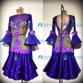 Ženy, swing, tango valčík tanečnej súťaže šaty purple okvetné plátky ballroom dance šaty Bell rukávy ballroom dance šaty