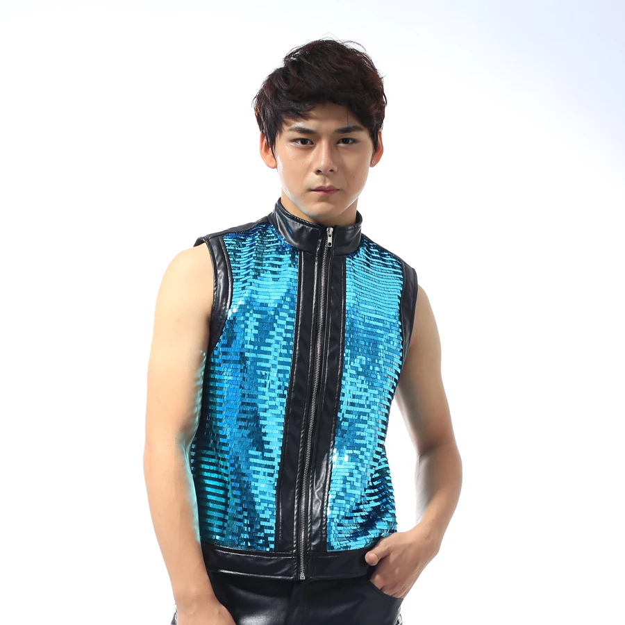 Kórejský mládež pánskej módy sequined slim vesta nočný klub mužský spevák hip hop výkon zobraziť tanečník fáze kostým