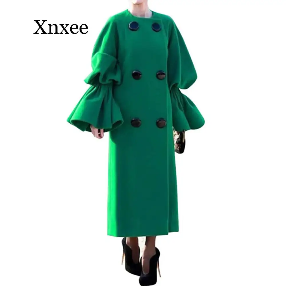 Zelená Jeseň Zima Dlhá Srsť Ženy Elegantné Dvojité Breasted Plus Veľkosť Zákopy Srsti Bežné Vlnené Kabát Žena