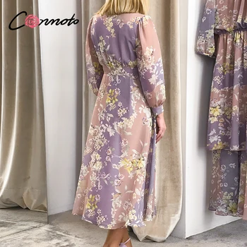 Conmoto Elegantná ružová fialová jeseň zima ženy šaty tvaru dlhý rukáv kvet ženské šaty-line módne dlhé party šaty