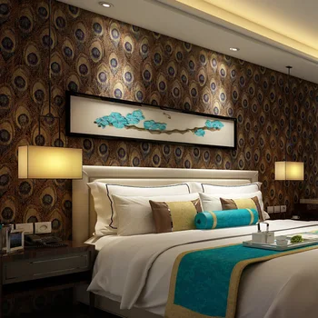 Juhovýchodnej Ázie štýl Čínsky páva pierko tapety spálne, obývacia izba tému hotel, TV joj, steny papier