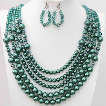 Veľkoobchod 5rows náhrdelníky náušnice pre ženy páva zelené sklo krištáľ faux perly shell perly vysoko kvalitné šperky set B983-8