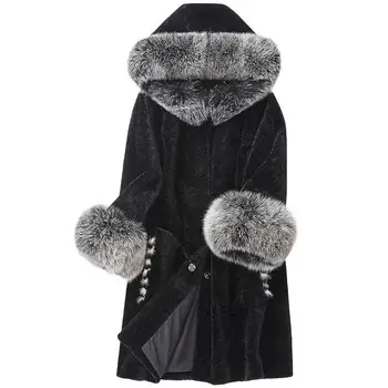 2019 Zimné Ženy Vintage Reálne Fox Kožušiny Golier S Kapucňou Vlny Kabát Prírodné Strihanie Oviec Kožušinový Kabát Reálne Kožušiny Bunda Abrigos M75