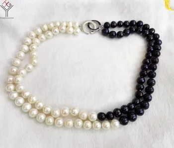 Ženy Šperky 8x9mm white black pearl zmiešané 2 riadky náhrdelník ručné skutočné prírodné sladkovodné perly darček
