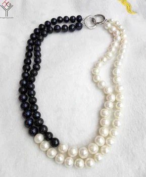 Ženy Šperky 8x9mm white black pearl zmiešané 2 riadky náhrdelník ručné skutočné prírodné sladkovodné perly darček